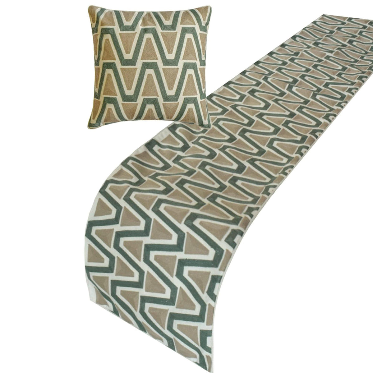 Triad - Cotton Muted Green & Mocha Brown Decorative Bed Runner and Pillow Cover