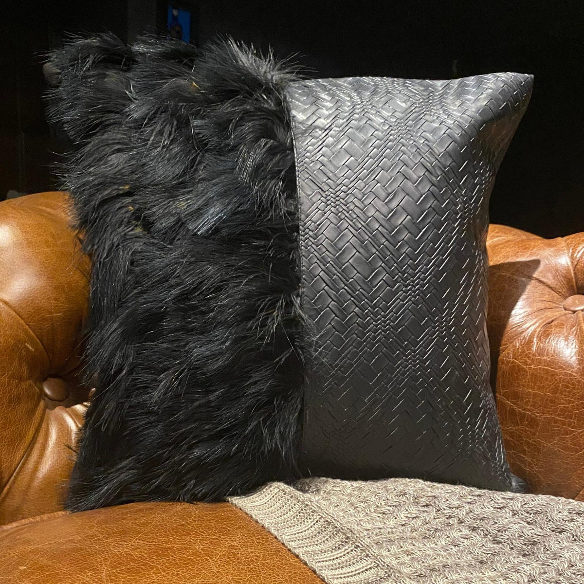 Furry World - Black Faux Leather  &  Fur Decorative Euro Sham