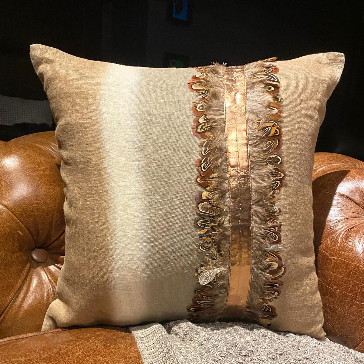 Feather Friend - Beige Linen Halloween Throw Pillow Cover