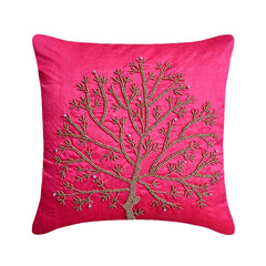 Fuchsia Tree Of Life - Fuchsia Pink Art Silk Throw Pillow Cover