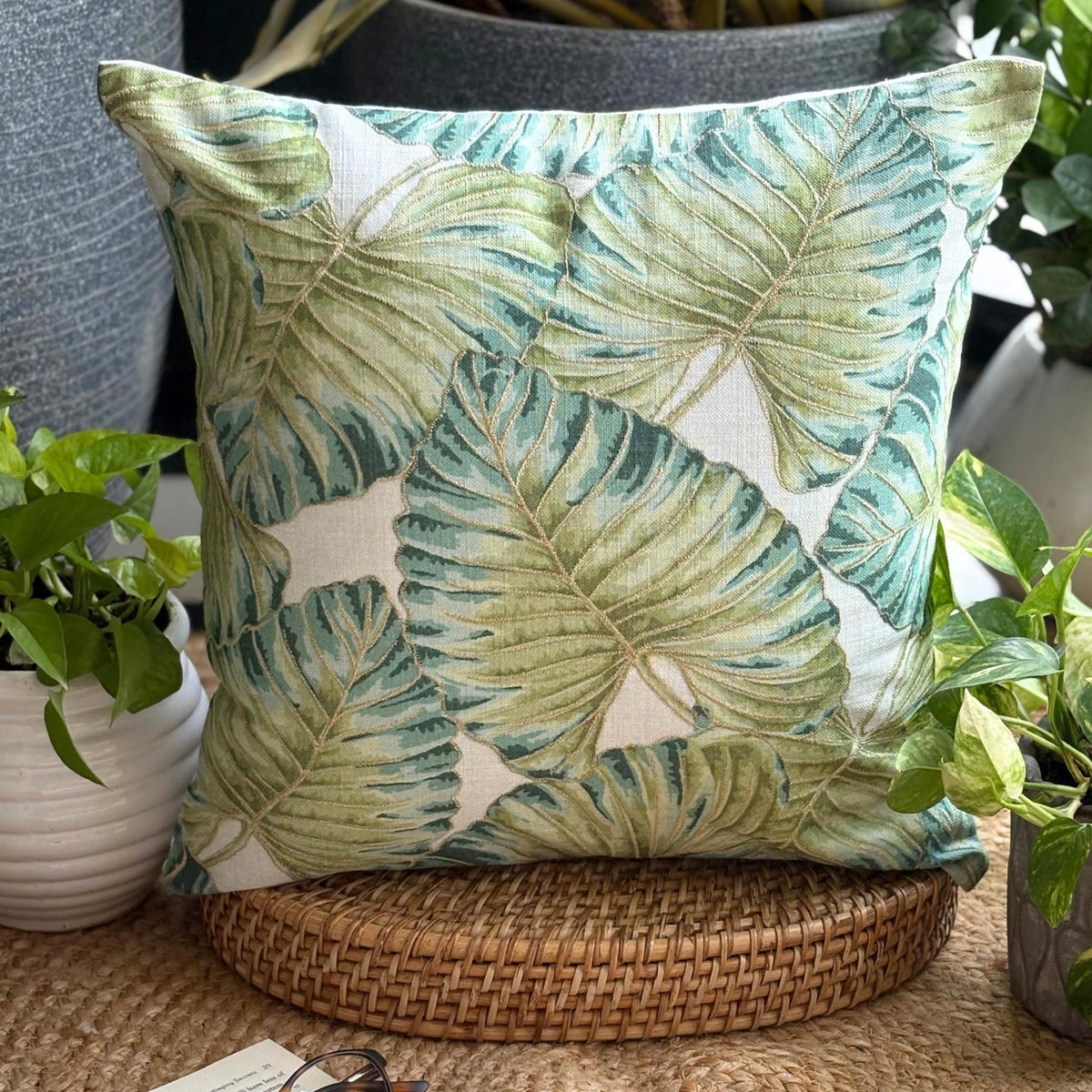 Tropical Breeze - Green Cotton Throw Pillow Cover