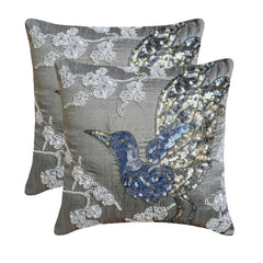 Silver Birdy - Gray Art Silk Throw Pillow Cover