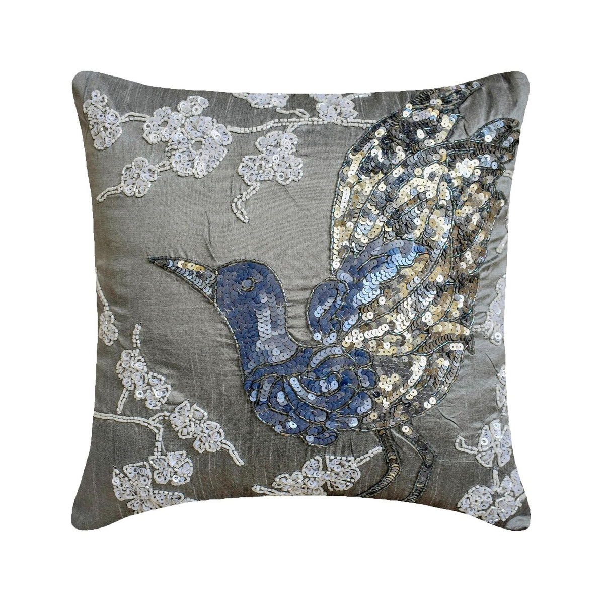 Silver Birdy - Gray Art Silk Throw Pillow Cover