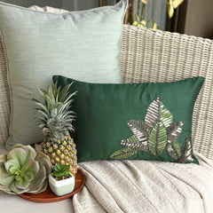 All About Leaves - Art Silk Dull Green Decorative Lumbar Pillow Cover