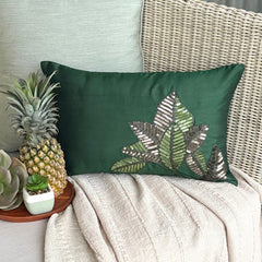 All About Leaves - Art Silk Dull Green Decorative Lumbar Pillow Cover