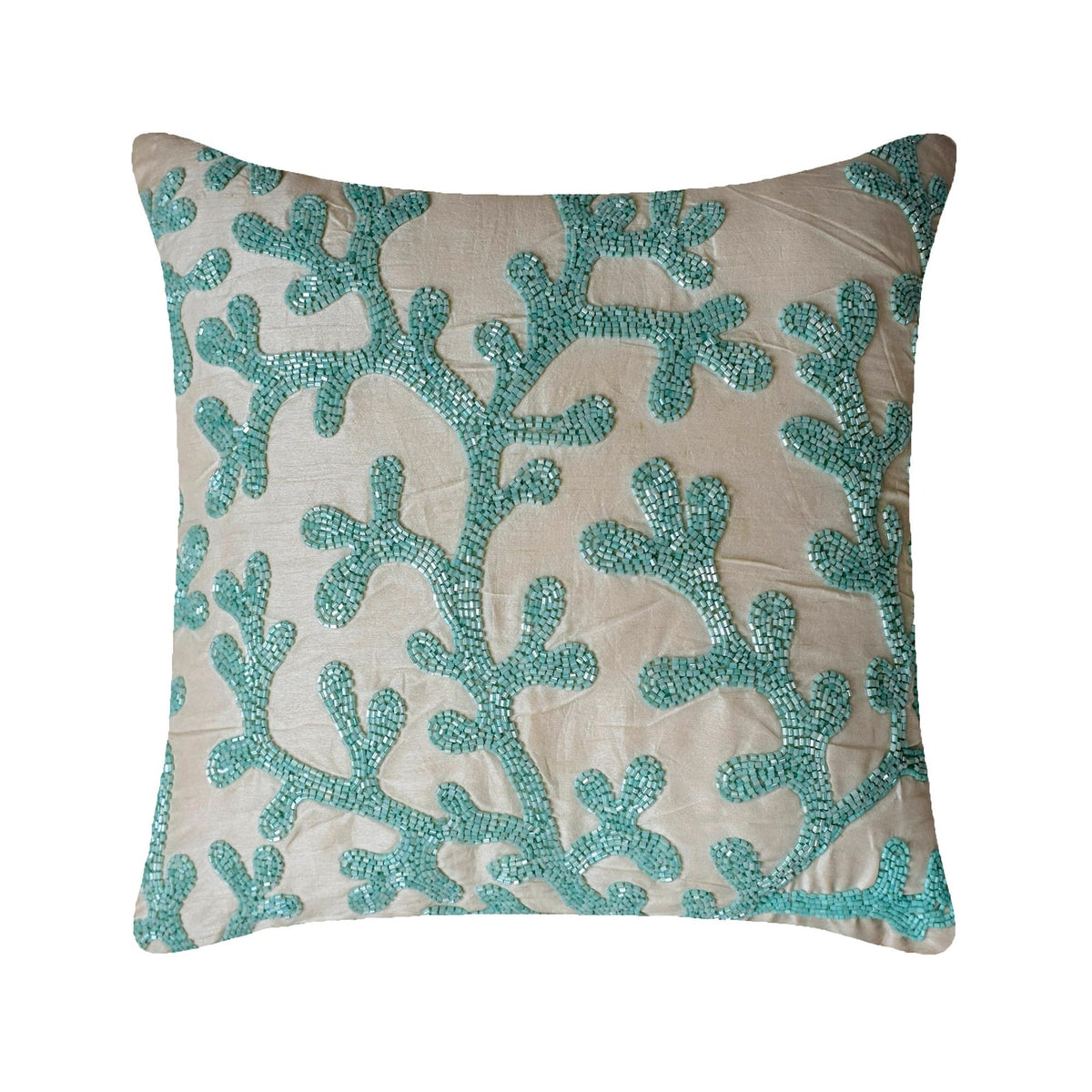 Sea Weeds - Aqua Blue & White Art Silk Throw Pillow Cover