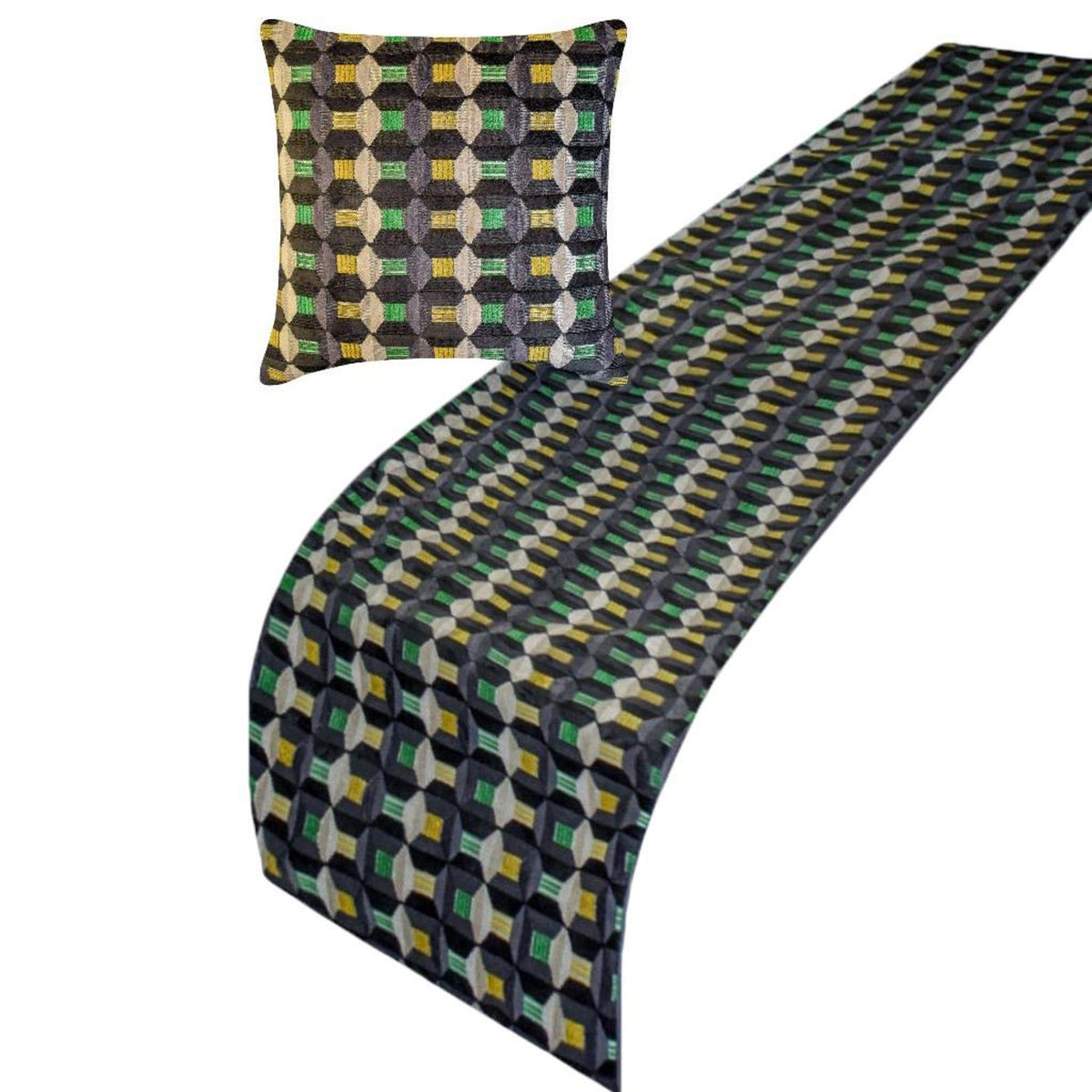 Green Patterns - Velvet Green Decorative Bed Runner and Pillow Cover