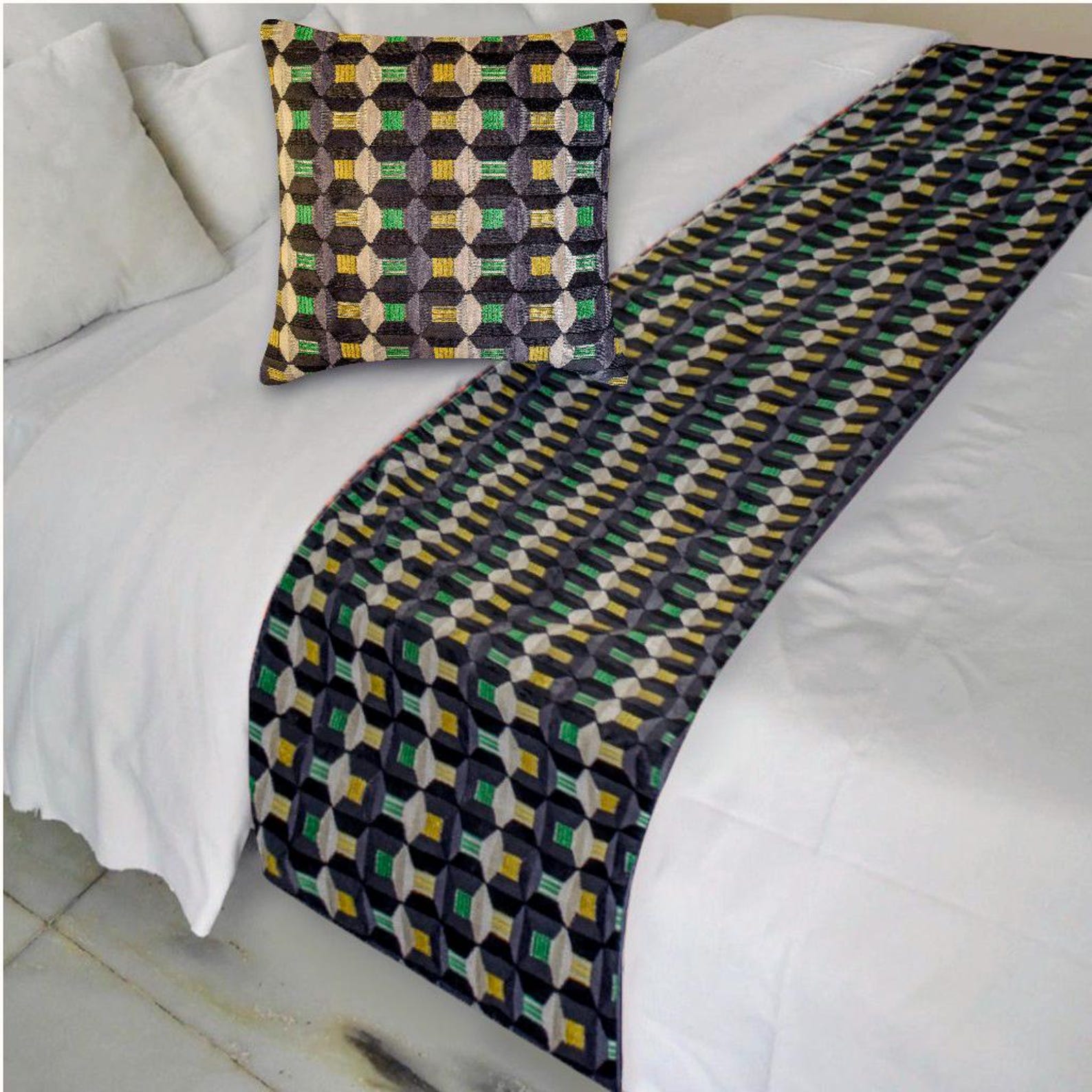 Green Patterns Decorative Bed Runner and Pillow Cover