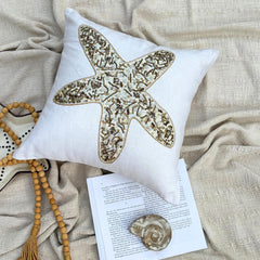 Starfish Party - Ivory Linen Throw Pillow Cover