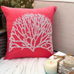 White Forest - Coral Pink Cotton Linen Decorative Euro Sham