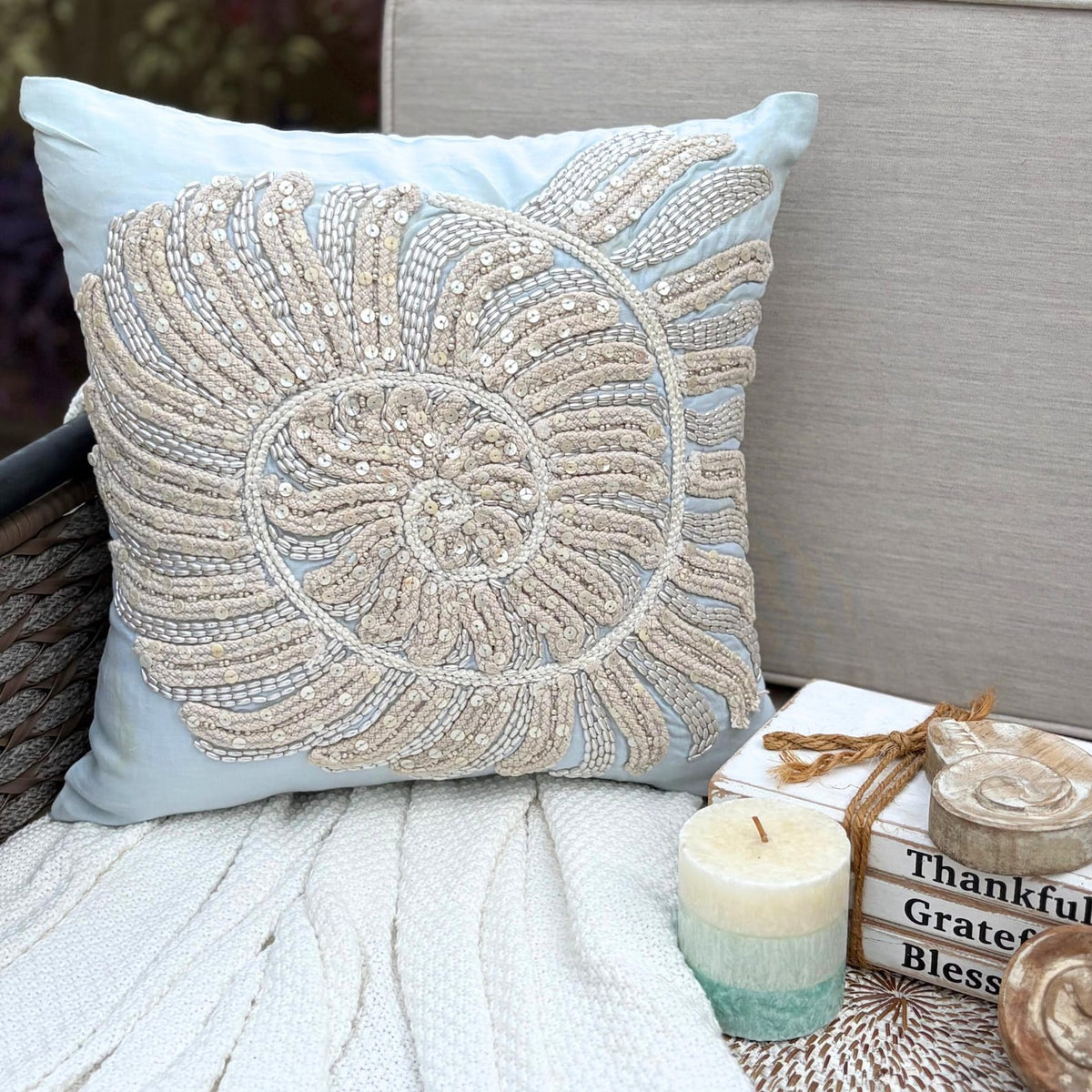 Swirl Twirl - Light Blue Cotton Linen Throw Pillow Cover