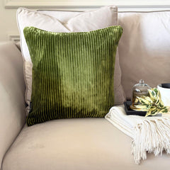 Green Velvet Throw Pillow Cover - Green Lines