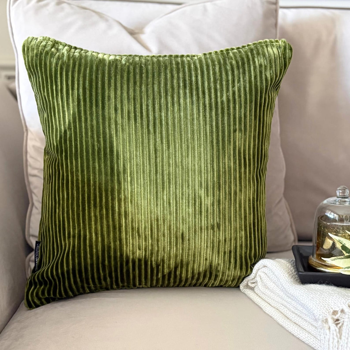 Green Velvet Throw Pillow Cover - Green Lines