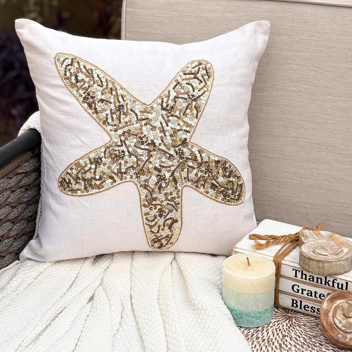 Starfish Party - Ivory Linen Throw Pillow Cover