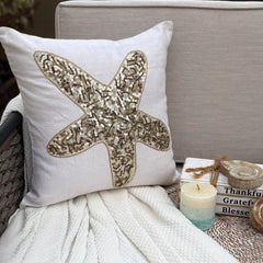 Starfish Party - Ivory Linen Throw Pillow Cover