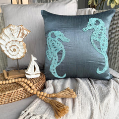 Sea Horse - Blue Art Silk Throw Pillow Cover