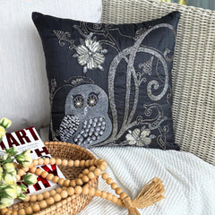 Night Owls - Black Art Silk Decorative Throw Pillow Cover