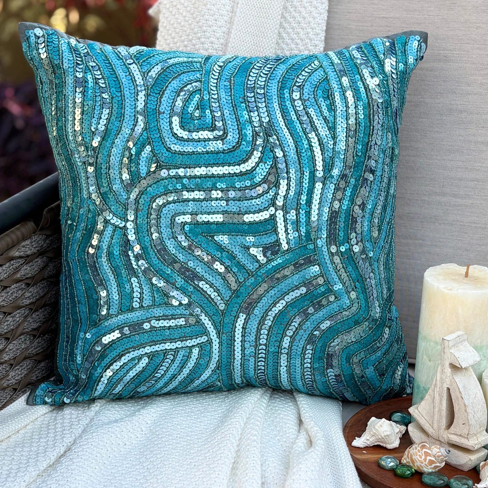 Lot De 5 Coussins Déco Cynthia Rowley - Perles Et Sequins Argentés - Neufs