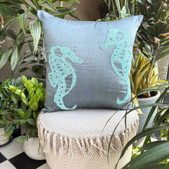 Sea Horse - Blue Art Silk Throw Pillow Cover