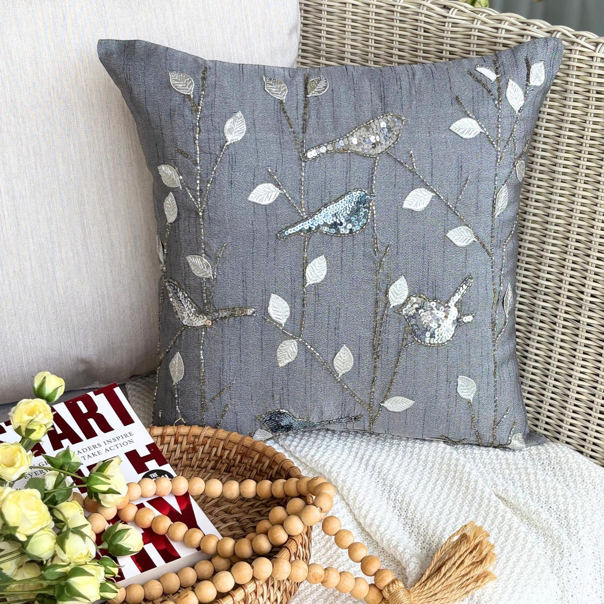 Pigeon Story - Gray Art Silk Throw Pillow Cover