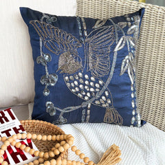 Birdy Flight - Navy Blue Art Silk Throw Pillow Cover
