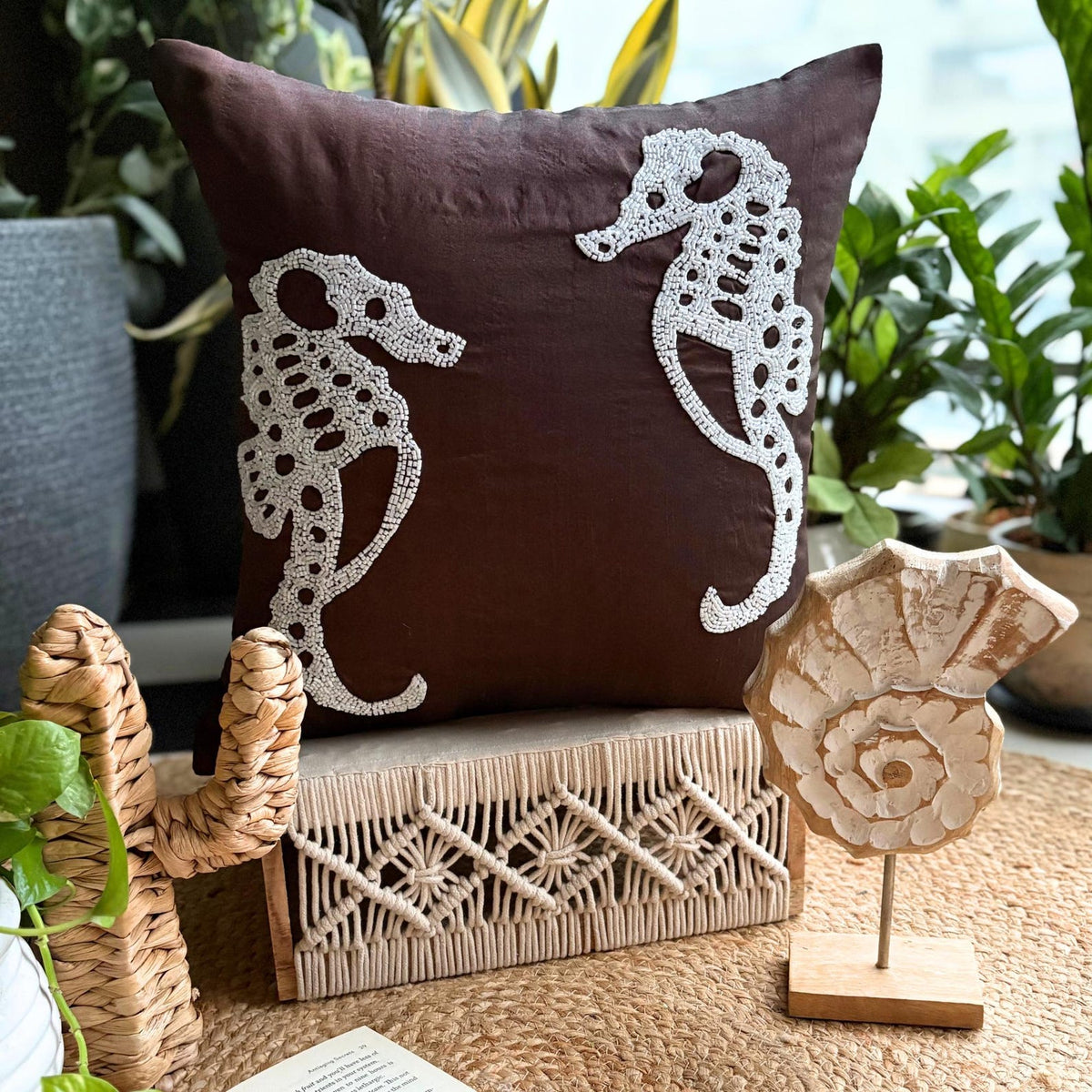 Ivory Sea Horse - Brown Art Silk Throw Pillow Cover