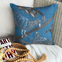 Birdy Love - Teal Blue Art Silk Throw Pillow Cover