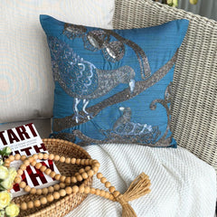 Birdy Love - Teal Blue Art Silk Throw Pillow Cover