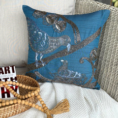Birdy Love - Teal Blue Art Silk Throw Pillow Cover