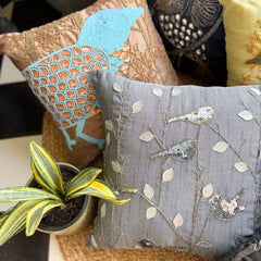 Pigeon Story - Gray Art Silk Throw Pillow Cover