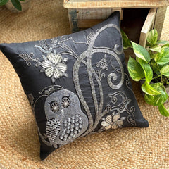 Night Owls - Black Art Silk Decorative Throw Pillow Cover