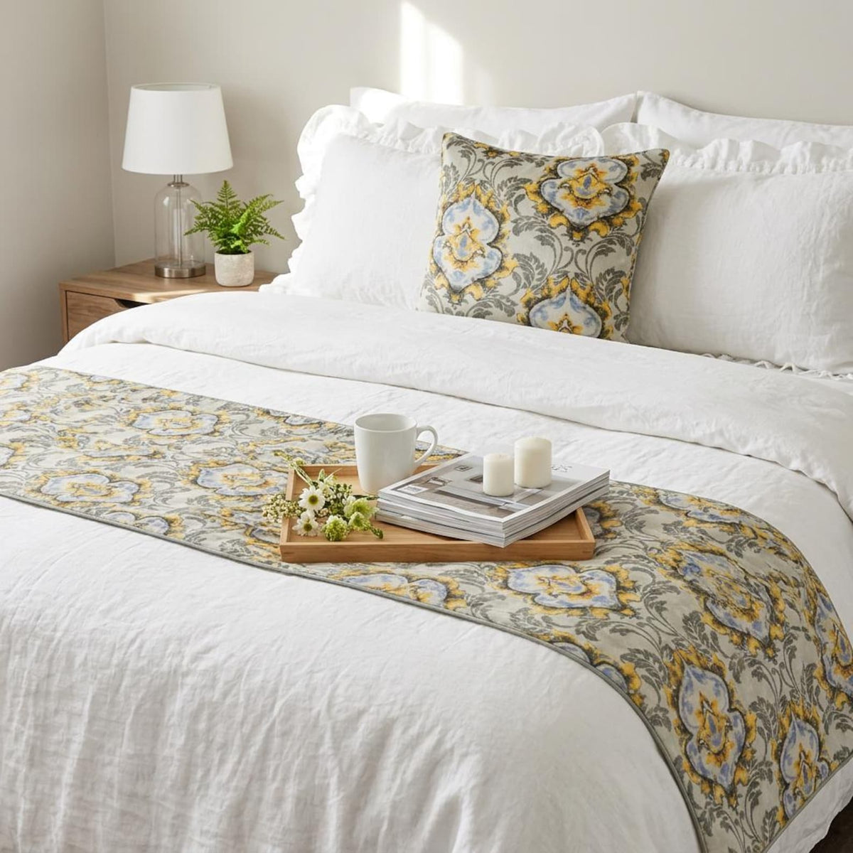 Damask Blaze - Jacquard Grey Decorative Bed Runner and Pillow Cover