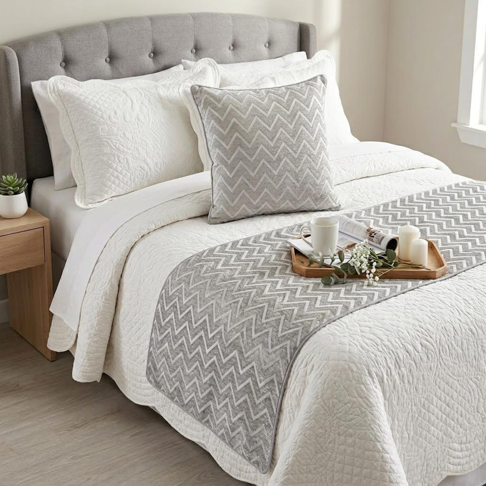 Silver Gleam Chevron Decorative Bed Runner and Pillow Cover