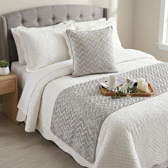 Silver Gleam Chevron - Jacquard Silver Decorative Bed Runner and Pillow Cover