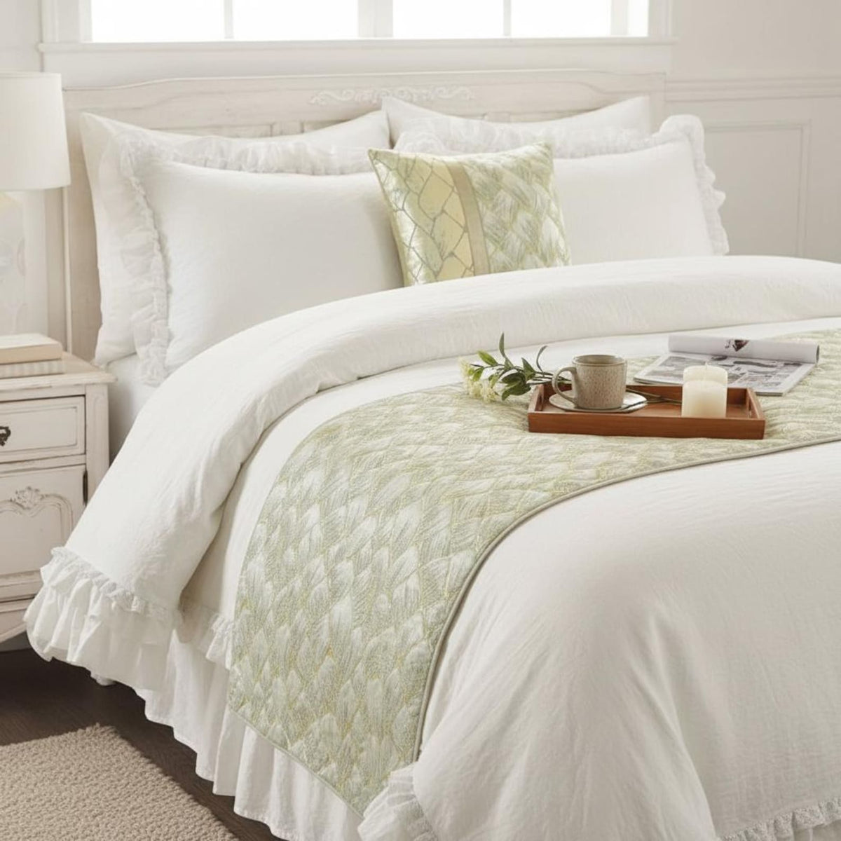 Spinzar - Jacquard Ivory & Gold Decorative Bed Runner and Pillow Cover