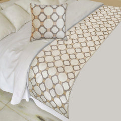 Threaded Geometry - Cotton White, Beige & Grey Decorative Bed Runner and Pillow Cover