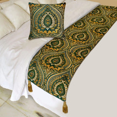 Damask Tapestry - Jacquard Green Decorative Bed Runner and Pillow Cover