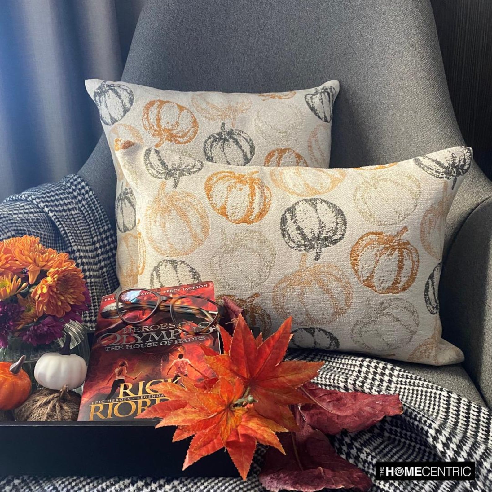 Woven jacquard beige oblong cushion cover. Back side of the pumpkin pillow cover for fall & Halloween. A solid back side on a white background by The HomeCentric
