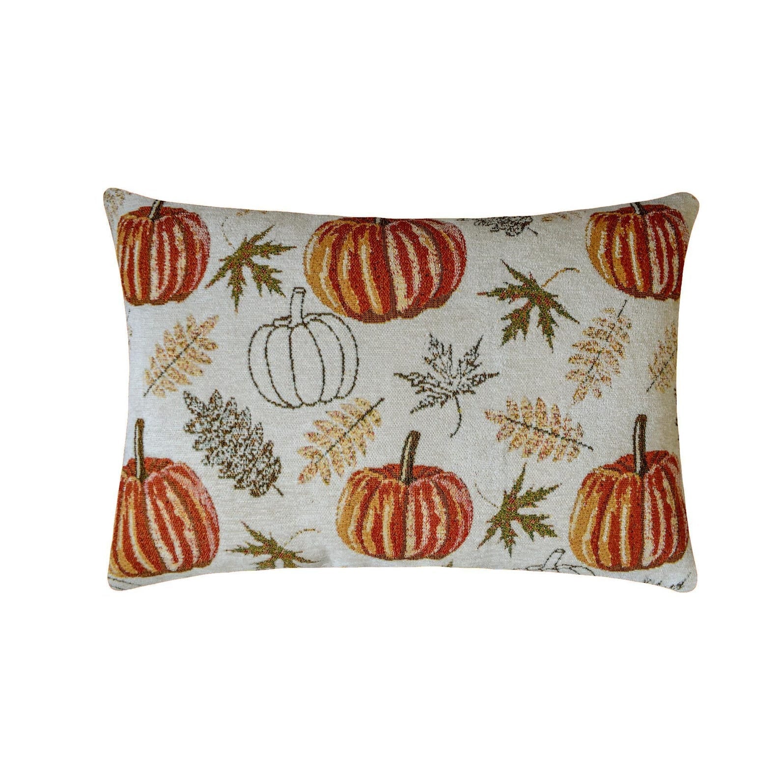 Olive green maple leaves, orange pumpkins, beige woven jacquard decorative oblong cushion cover by The HomeCentric for rustic country homes featured on a white background with a side view showcasing the texture of the pillow cover. 