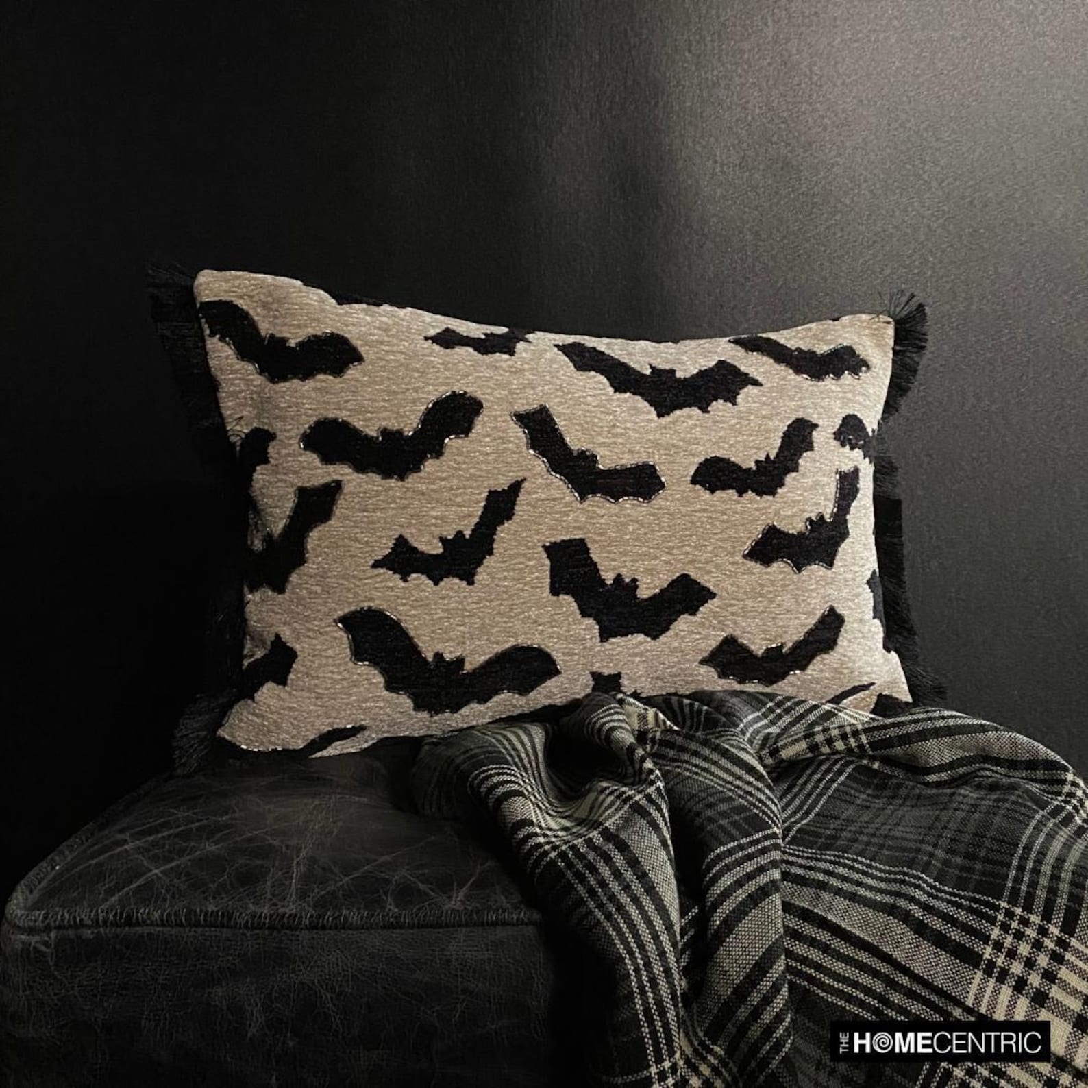 A Halloween-themed display featuring a decorative lumbar pillow with a gothic bat pattern, paired with a skull, and a spider toy, all surrounded by cobwebs.