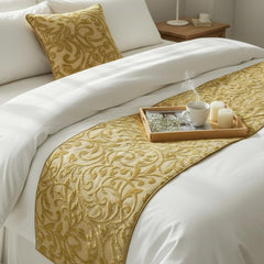 Serene Symphony - Velvet Beige Gold Decorative Bed Runner and Pillow Cover