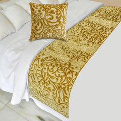 Serene Symphony - Velvet Beige Gold Decorative Bed Runner and Pillow Cover