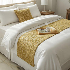 Serene Symphony - Velvet Beige Gold Decorative Bed Runner and Pillow Cover