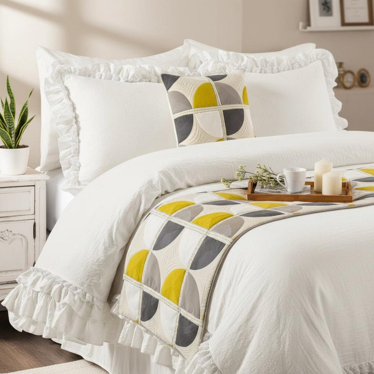 Geo Fusion - Cotton Yellow & Grey Decorative Bed Runner and Pillow Cover
