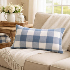 Blue Cotton Lumbar Pillow Cover - Blue Plaid Play