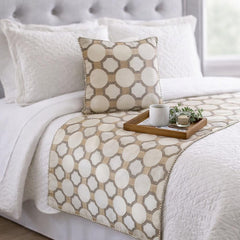 Threaded Geometry - Cotton White, Beige & Grey Decorative Bed Runner and Pillow Cover