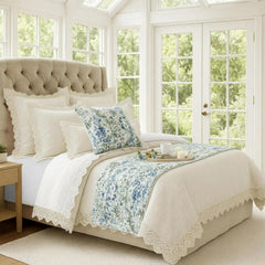 Garden Grace - Cotton Blue Decorative Bed Runner and Pillow Cover