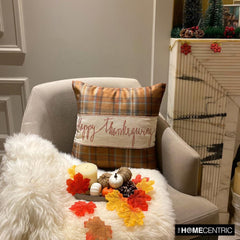 Thankful Harvest - Orange Velvet Happy Thanksgiving Throw Pillow Cover