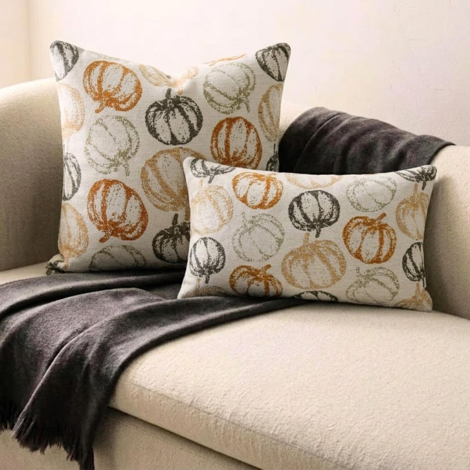 Orange woven jacquard pumpkin pattern lumbar pillow cover for Halloween & Fall home decor. Ideal for modern or country style home decor, the oblong cushion cover is set on a grey chair paired with a solid orange velvet throw pillow cover from The HomeCentric. A tray is place with the pillows on chair with maple leaves, burlap pumpkins and flower arrangement in fall hues. The look is finished with a black and white monochrome checkered throw. Explore more of fall & Halloween Collection by The HomeCentric!