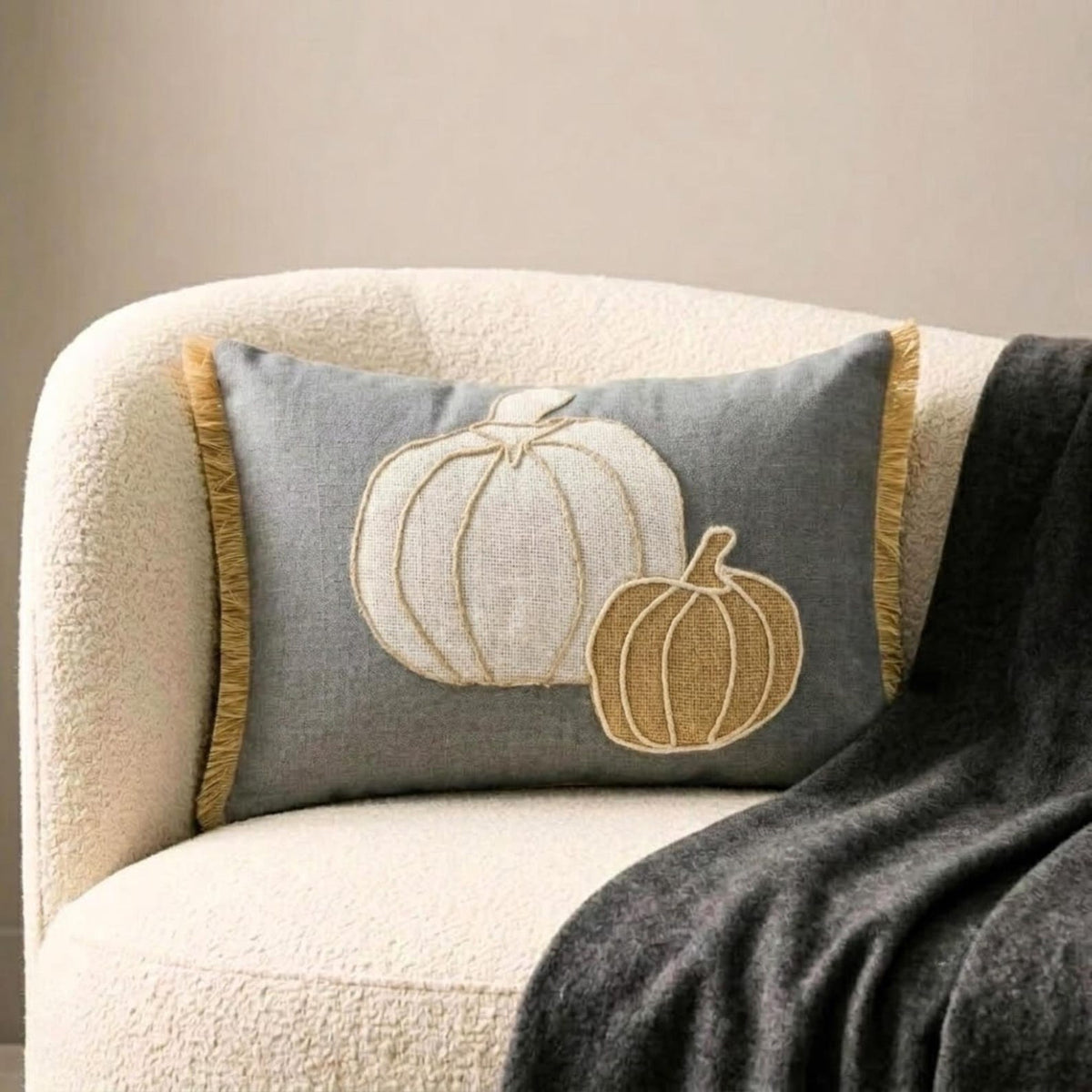 Gray Linen Decorative Lumbar  Pillow Cover - Pumpkin Burlap